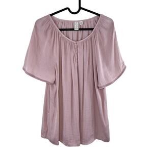 Joie Blouse Women's Medium Silky Satin Henley Blush Mauve Embroidered Sleeves